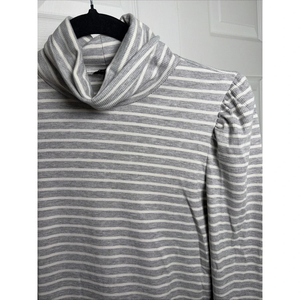Talbots Striped Puff Sleeve Turtleneck Womens Size S Gray White‎ Ribbed Knit Top